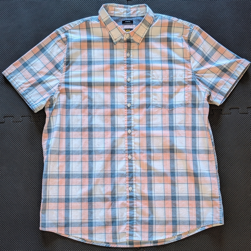 Lee Men's Madras Blue and Peach Short Sleeve Stretch Shirt